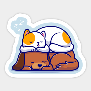 Cute Cat And Dog Sleeping Together Cartoon Sticker